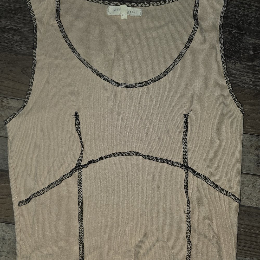 Sleeveless‎ Ribbed Tank Top with Contrast Stitching - Beige